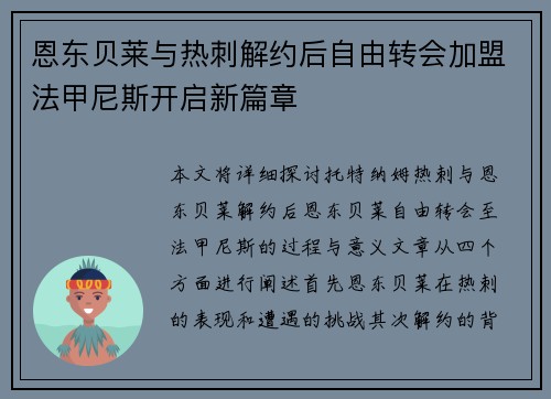 恩东贝莱与热刺解约后自由转会加盟法甲尼斯开启新篇章