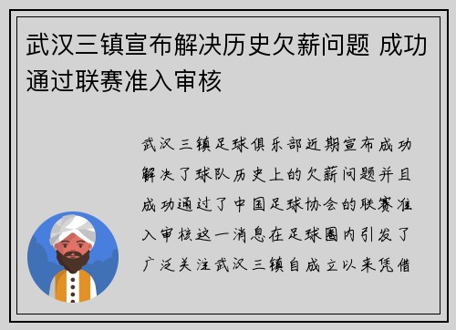 武汉三镇宣布解决历史欠薪问题 成功通过联赛准入审核